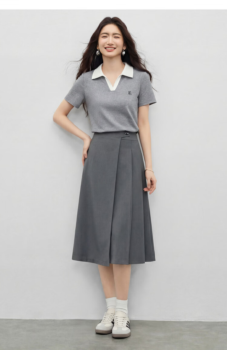 Shangdu Bila Korean Style Simple Cotton Blend T-Shirt Women Summer Polo Collar Color-Block Embroidered Casual Top Stretch Striped Short Sleeve Inner Wear 15