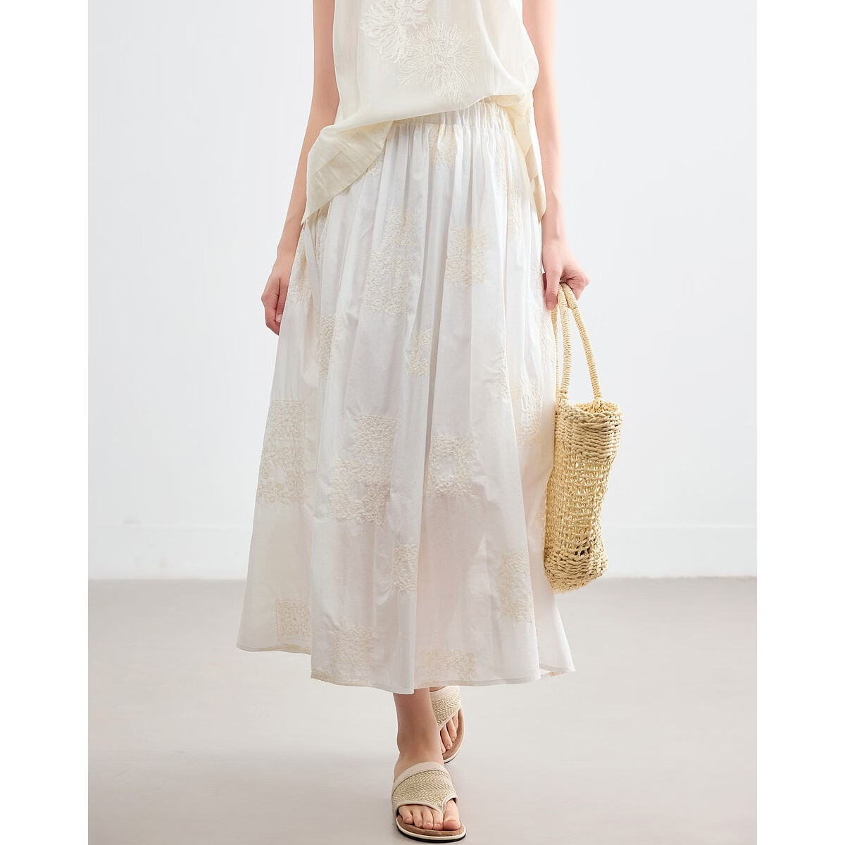 Demana Pure Cotton Poetry Summer Vintage Color-Block Embroidered Elastic Waist Slimming Mid-Length Skirt for Women