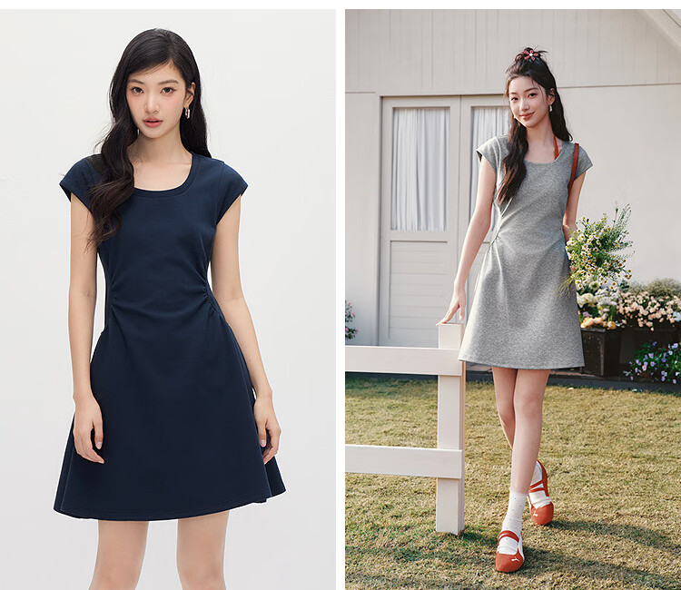 Semir Women's Summer Dress U-Neck Solid Color Pleated Short Sleeve Short Skirt 2026 Minimalist Design 109326114005 16