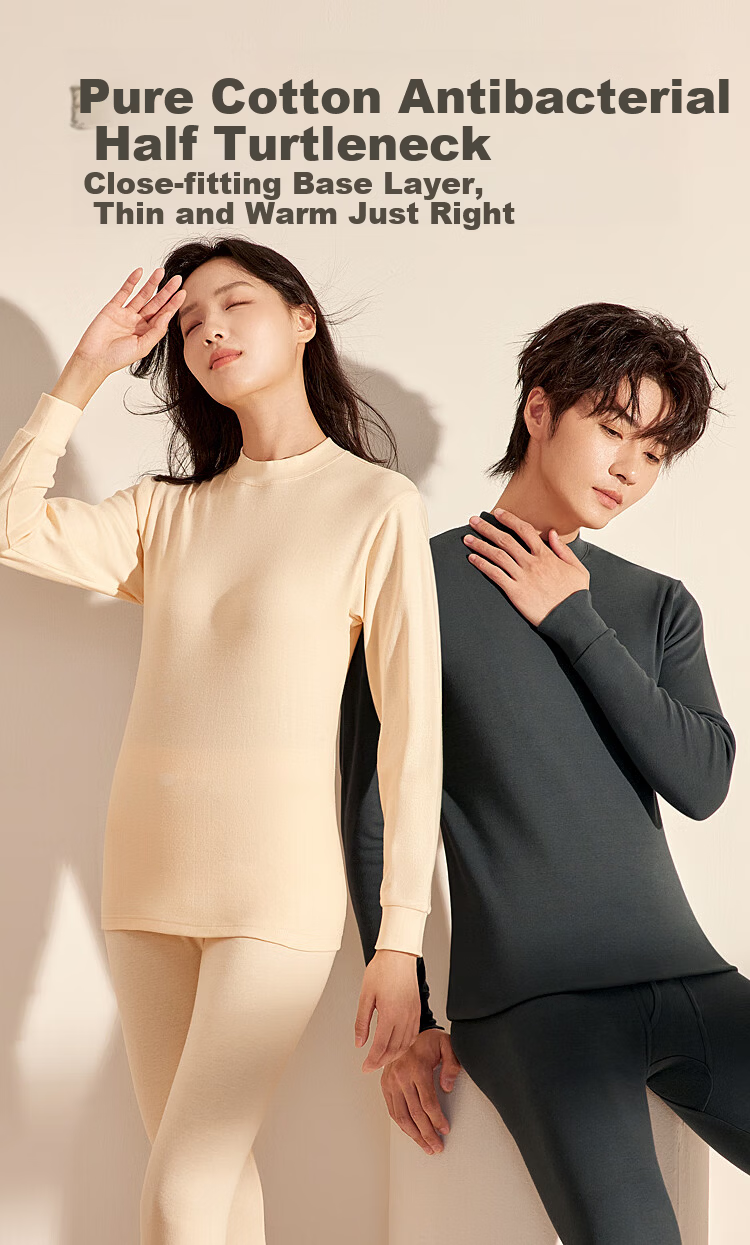 Hongdou 7A Antibacterial and Anti-Mite Men's Thermal Underwear Set, Half Turtleneck Cotton Base Layer Autumn Top and Bottom 3