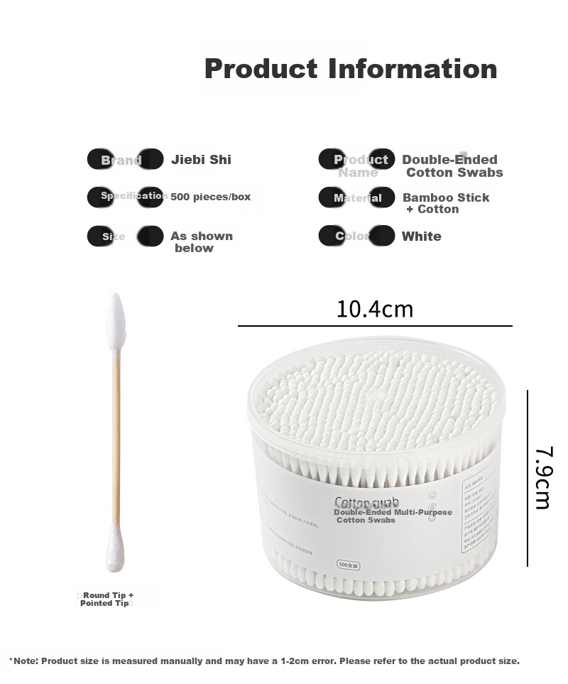 Jiebi Cotton Swabs Boxed 500 Double-Ended 1000 Tips Disposable Pointed and Rounded Head Multipurpose Cotton Buds for Cleaning Makeup and Ear Care 6