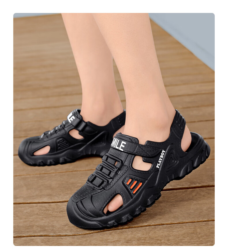 PLAYBOY Men's Summer 2026 Breathable Closed-Toe Sandals Thick-Soled Beach Shoes Black Gray Size 44/45 5