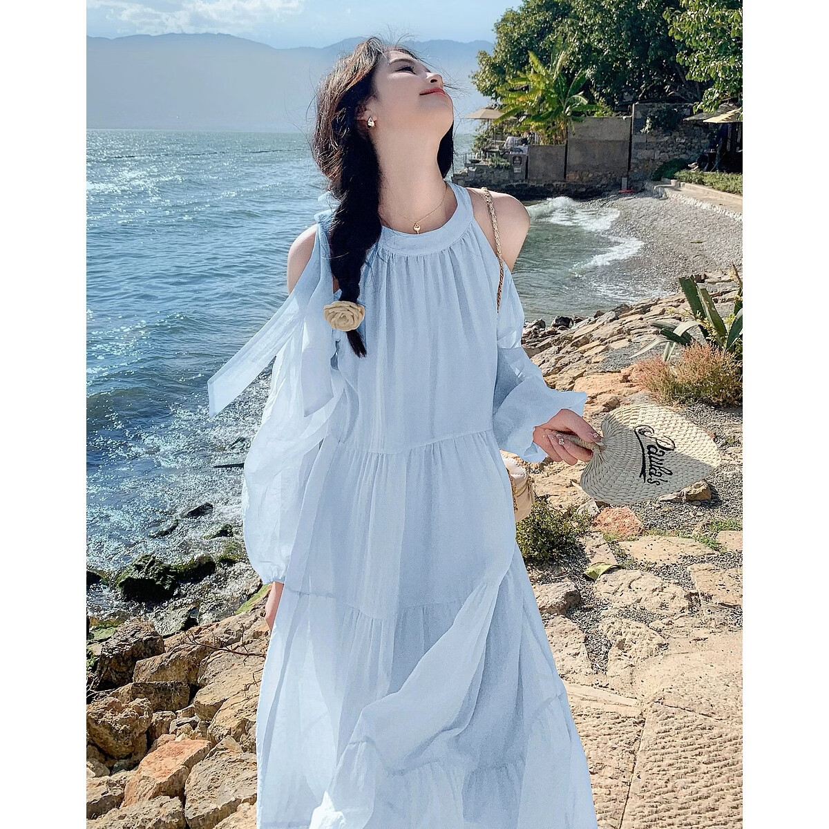 Mt Lightweight Holiday Series Spring Fresh Halter Neck Round Collar Off-Shoulder Lantern Sleeve Chiffon A-Line Women's Dress