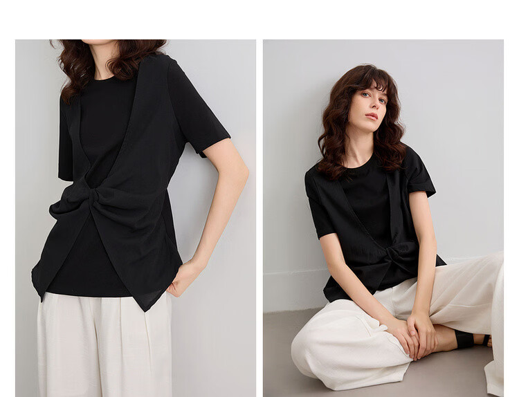 Demana [Comfort Sorona] Summer Fake Two-Piece Spliced Organza Round Neck Short Sleeve Slim Fit Petite Women's T-Shirt 5