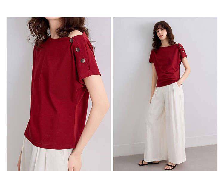 Demana [Cool Sorona] Summer Elegant Off-Shoulder Raglan Sleeve Button Decor Slim Fit Petite Women's T-Shirt 7