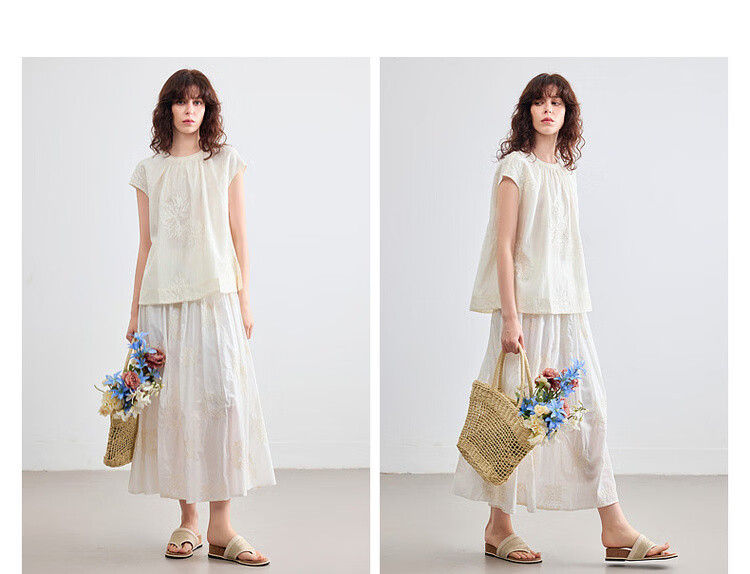 Demana Pure Cotton Poetry Summer Vintage Color-Block Embroidered Elastic Waist Slimming Mid-Length Skirt for Women 8