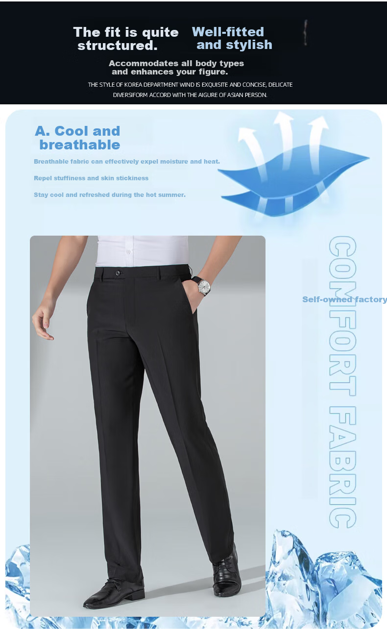 ROMON [Ice Silk Breathable] Men's Casual Pants, Autumn New Style Business Casual, Draping Cool Feeling Thin Long Trousers, Navy Blue, Size 34 5