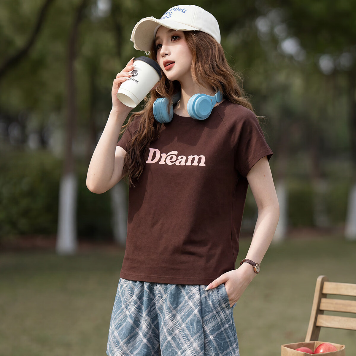 TonLion 2026 Summer Women's Text Print Short Sleeve T-Shirt Dark Coffee Brown L
