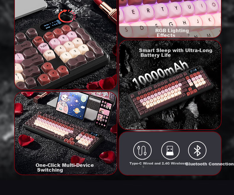 B.O.W Hangshi K960BDL Tri-Mode Wireless Bluetooth Keyboard for Women, Stylish Design Compatible with Huawei, Xiaomi Laptops, Tablets, Desktops And Smartphones, Universal 98-Key Layout, Milk Tea Pink Base Liquid 4
