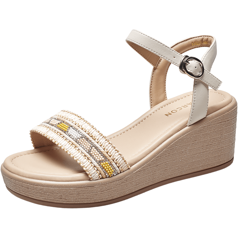 Eierkang Women's Bohemian Style Wedge Sandals Thick Sole Height Increasing Single Strap Sandals 29009W Off-White Size 36