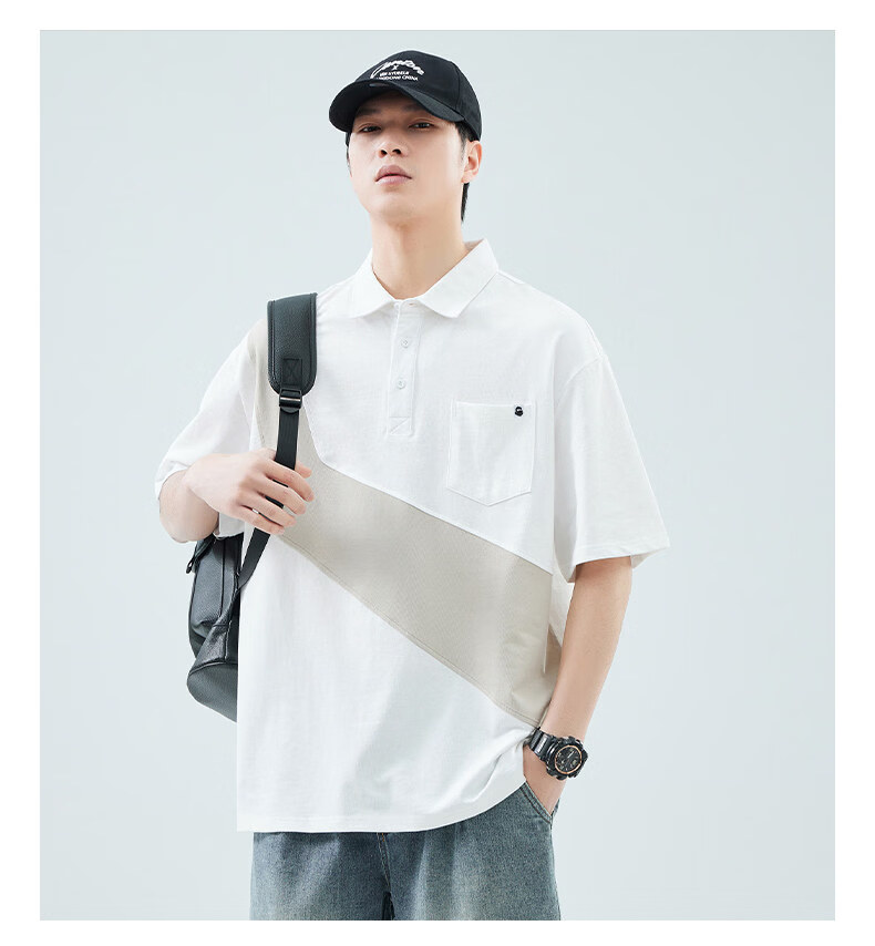 Fingercroxx American Style Patchwork Short Sleeve Polo Shirt Men Summer Loose Fit Casual Lapel Top Black M 16