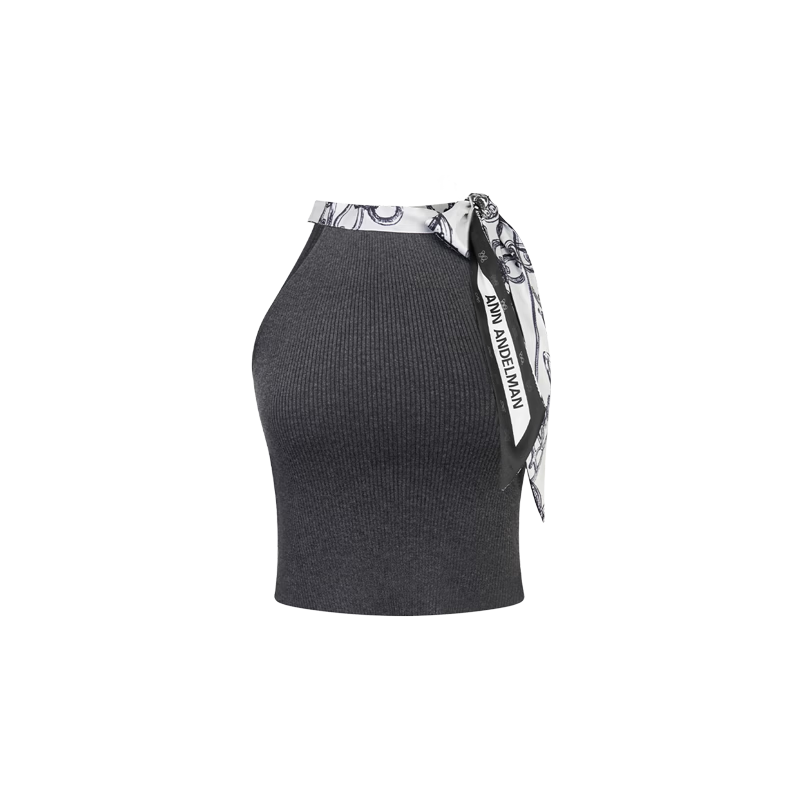 ANN ANDELMAN 2026 Early Spring New Printed Silk Scarf Knit Vest Bow Tie Sleeveless Top Dark Gray S