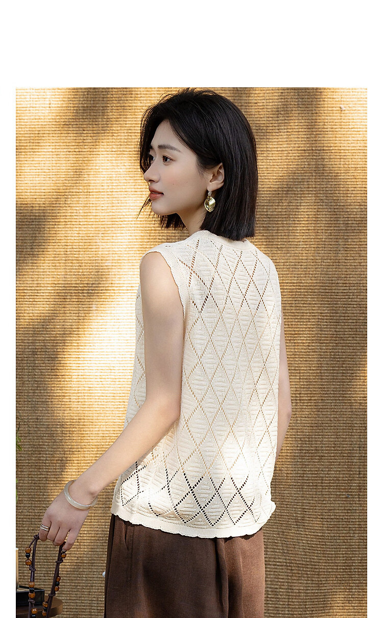 Demana [With Mulberry Silk/Sheep Wool] Summer V-Neck Diamond Pattern Hollow Jacquard Sleeveless Knit Top for Women Premium Feel 11