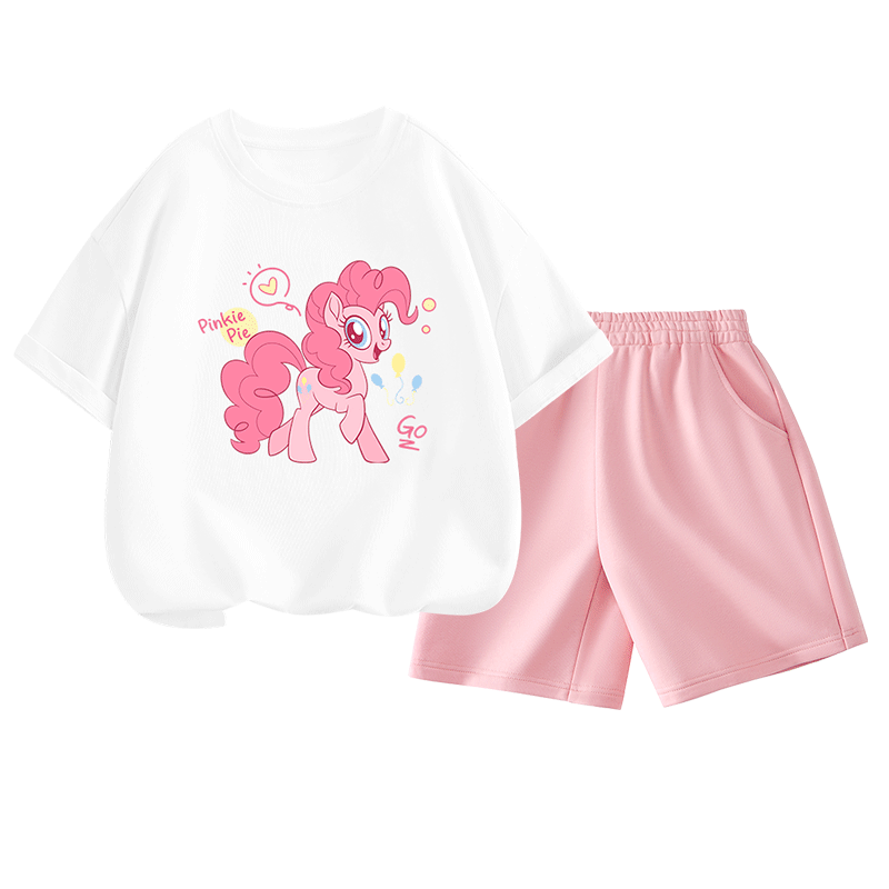 MY LITTLE PONY Girls' Summer Set, Children's Pure Cotton Short-Sleeve Shorts Two-Piece Suit, Fashionable Summer Outfit for Girls, White + Pink, Size 150
