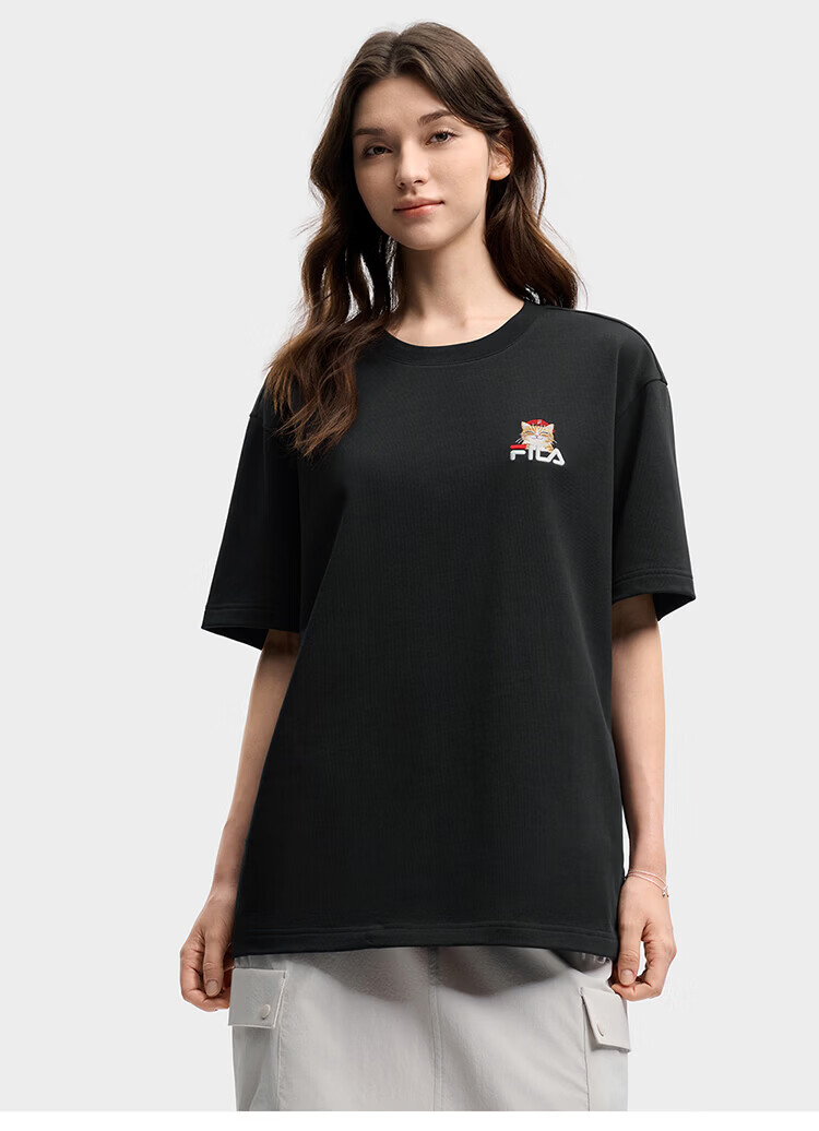 FILA Official 2026 Summer Couple Short Sleeve T-Shirt Casual Loose Fit Cotton Cat Knit Tee 64