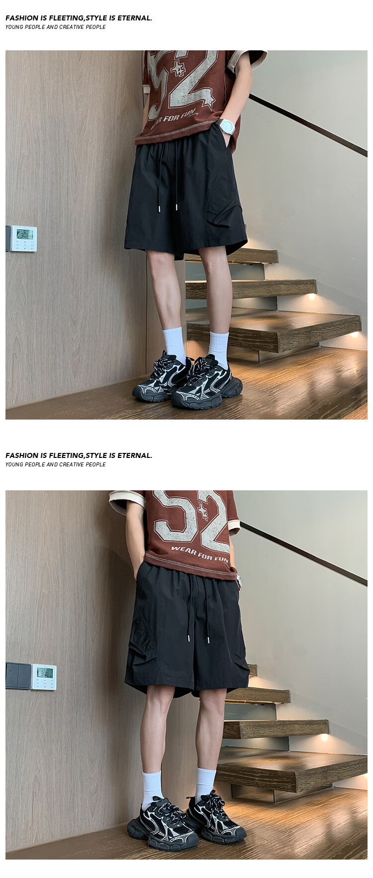POUM Ice Silk Pocket Work Shorts Men's Summer American Style Trendy Loose Straight Five-Point Pants HK26110 Light Gray M 7