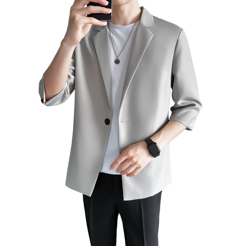ROMON Men's Summer Breathable Suit Jacket Youth Loose Business Casual Trendy Short Sleeve Blazer Light Gray 3XL