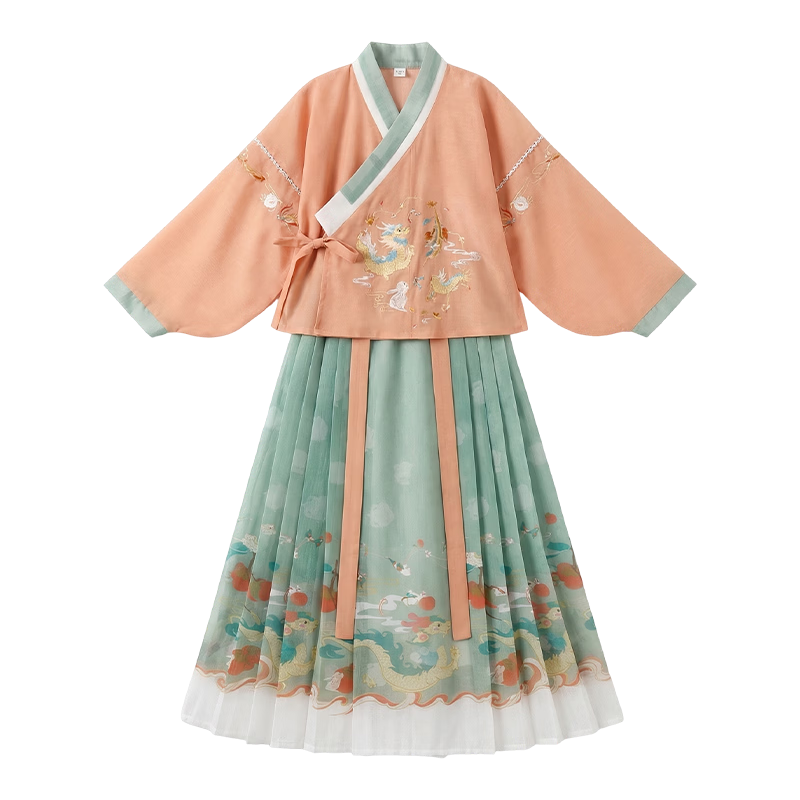 Luomeng Girls' Ming Dynasty Hanfu Chinese Style Children's Horse-Face Skirt Set Performance Costume, Hanfu Rosy Two-Piece Set, Size 150