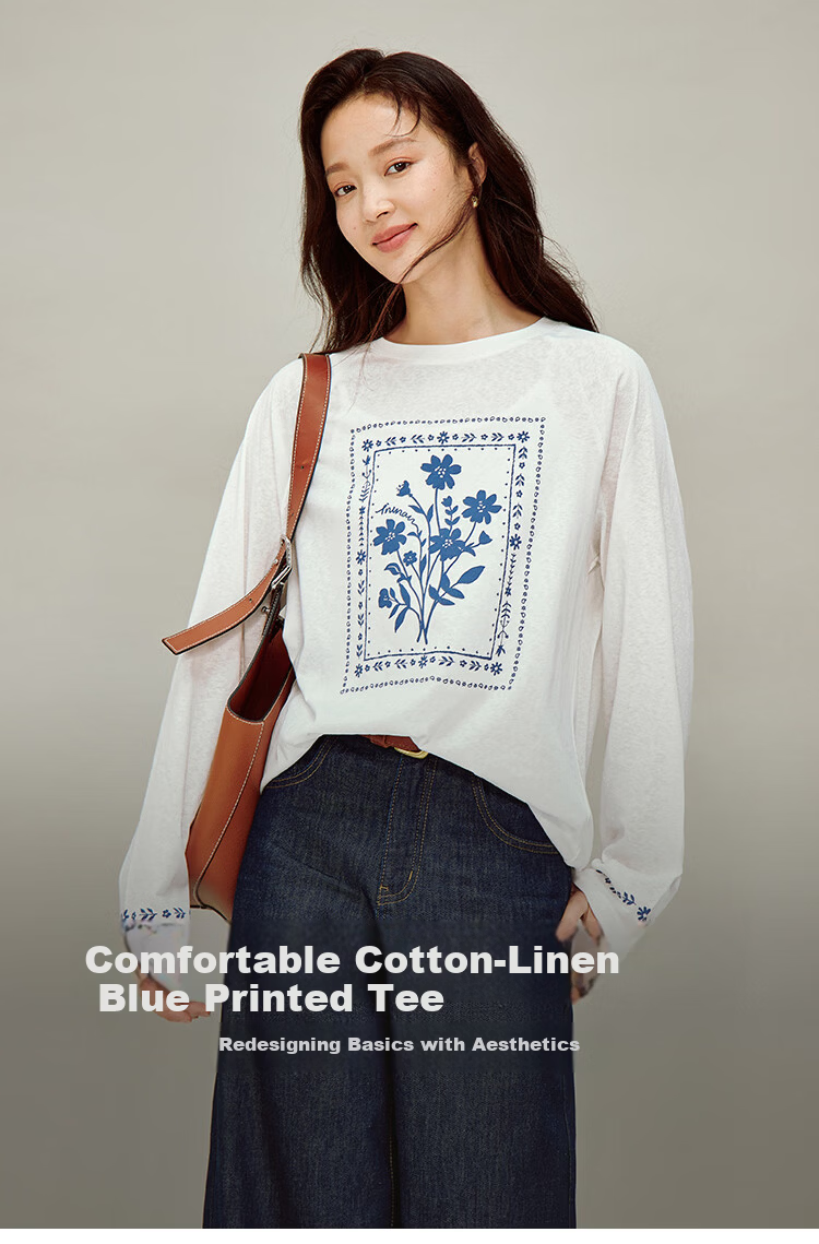 INMAN Linen Blue Printed Simple T-Shirt 26 Spring New Women's Cover-up Off-White XL 2