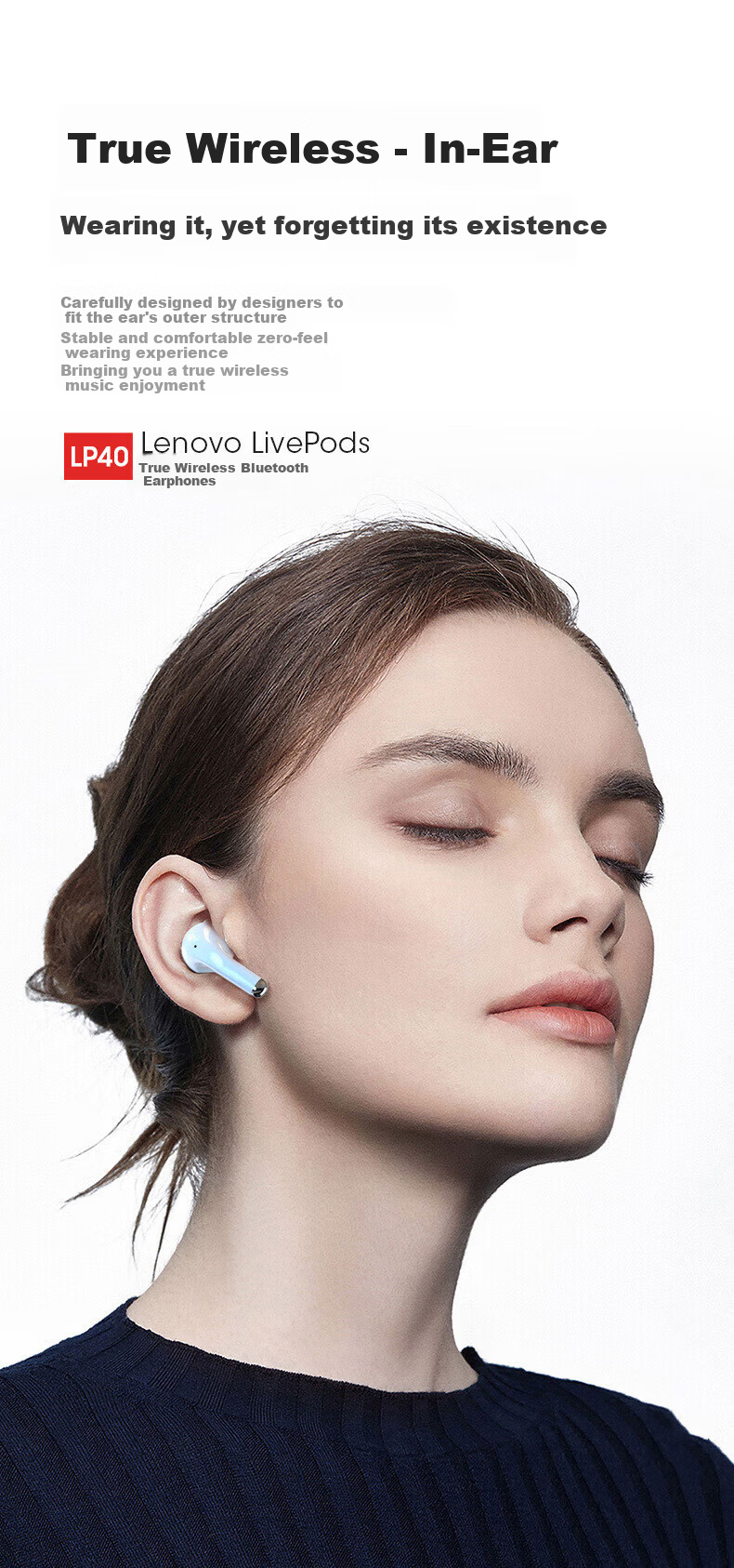 Lenovo LP40pro Bluetooth Wireless Semi-In-Ear Earphones Running Sports Music Call Noise Cancelling Gaming Long Battery Life Compatible with Apple Huawei Xiaomi Black 3