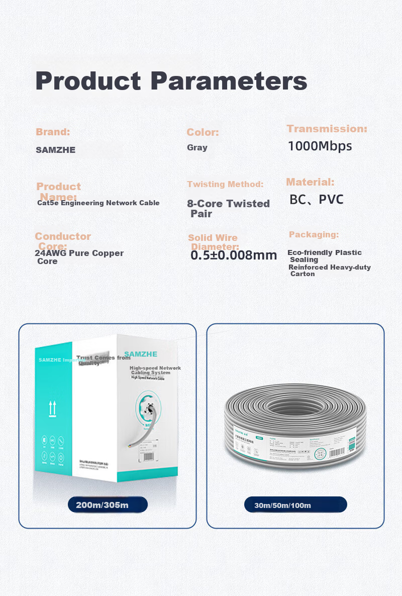 Sanze Cat5e Unshielded Ethernet Cable 0.50±0.008mm Pure Copper Core Gigabit Network Cable for Engineering Home Network Monitoring POE Wiring 200m SZ-5200A 17