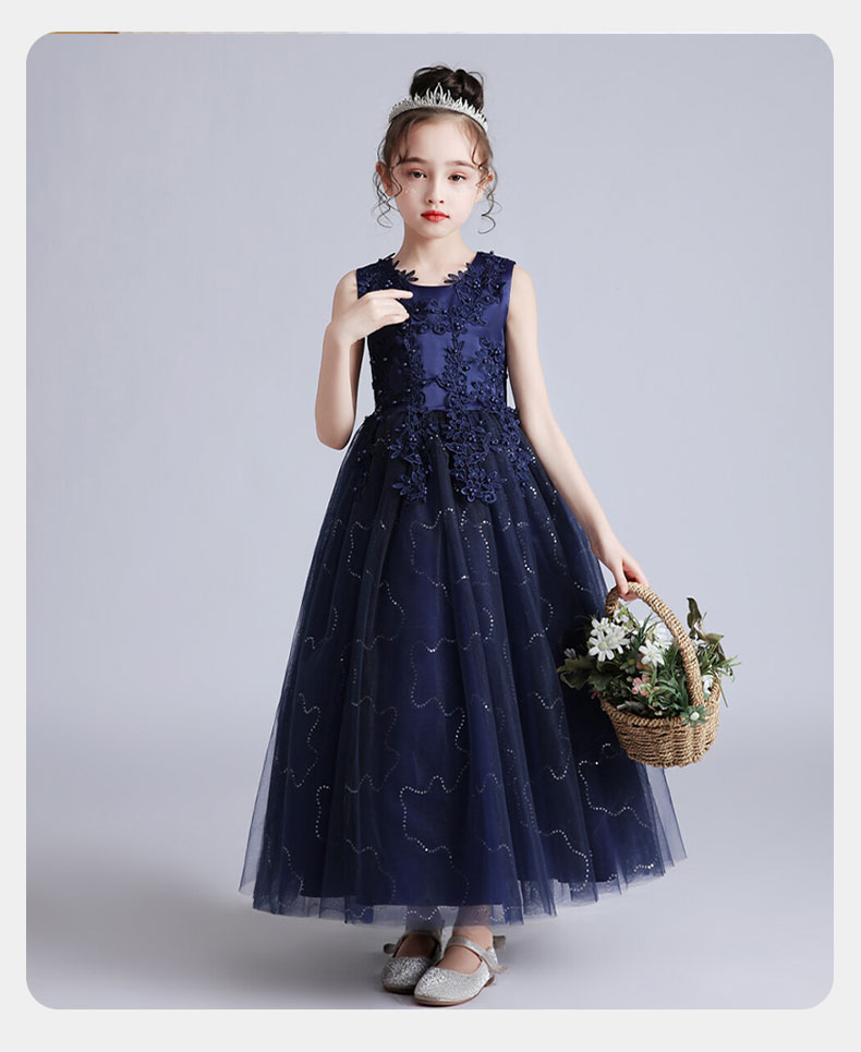 Carfit Girls Summer Princess Dress Puffy Dress Flower Girl Dress Stage Piano Performance Children's Day Navy Blue 170 8