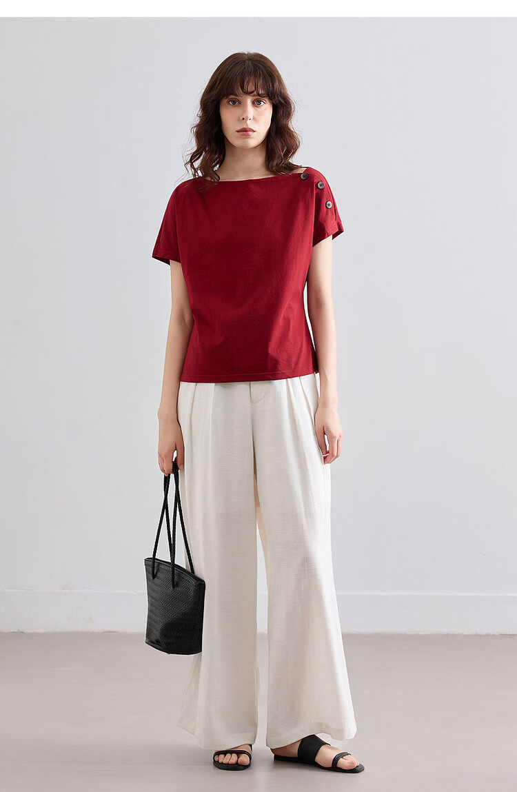 Demana [Cool Sorona] Summer Elegant Off-Shoulder Raglan Sleeve Button Decor Slim Fit Petite Women's T-Shirt 18
