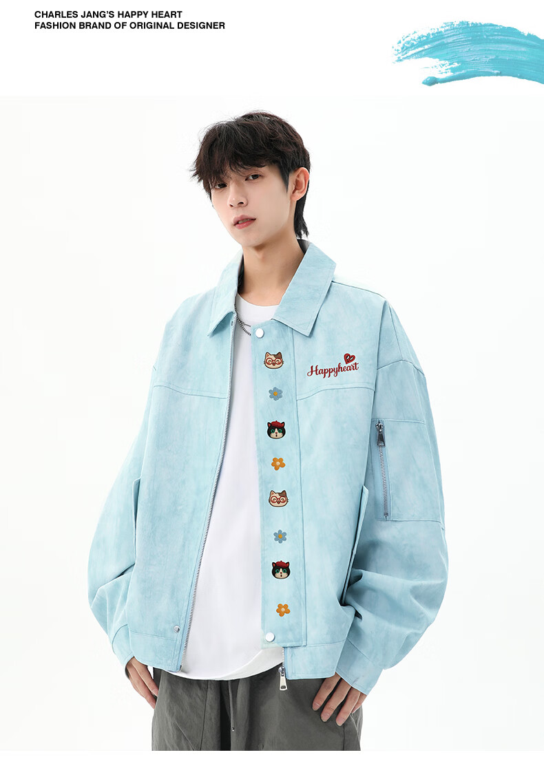 Charles Heart American Street Tie-Dye Lapel Jacket Men Spring Autumn Loose Fit Couple Dark Gray XL 16