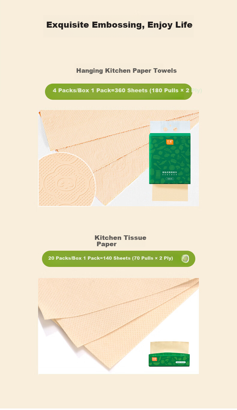 Zofee Hanging Kitchen Paper Towels Bamboo Pulp 2-Ply 180 Sheets 4 Packs Boxed 5