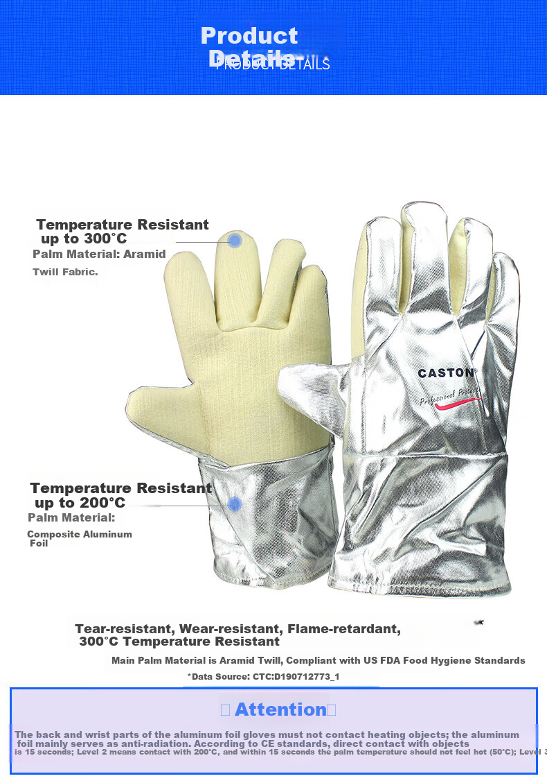 CASTONG NFRR15-34 High Temperature Resistant Gloves 300℃ Heat Insulation Industrial Anti-Scald Wear-Resistant Aluminum Foil 2