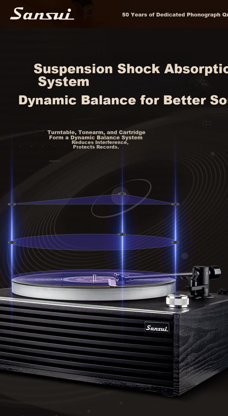 SANSUI Vintage Bluetooth Turntable with Ambient Light, Retro Vinyl Record Player, Integrated Phonograph, Luxury Home Audio Speaker, Birthday and Spring Festival Gift V19 12