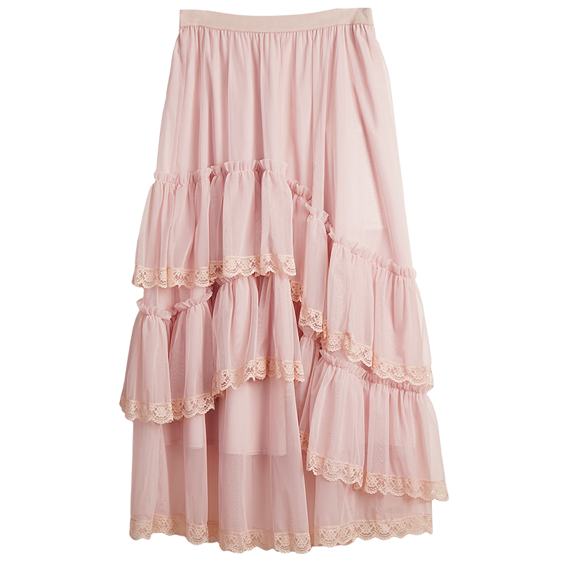 Olrain French Style Women's Skirt Spring Ruffle Lace Spliced Mesh Elegant Long Skirt Pink XL