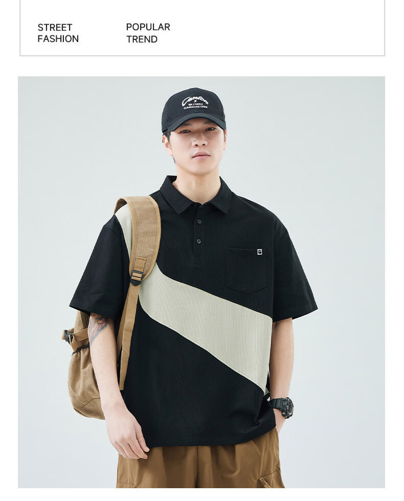 Fingercroxx American Style Patchwork Short Sleeve Polo Shirt Men Summer Loose Fit Casual Lapel Top Black M 13