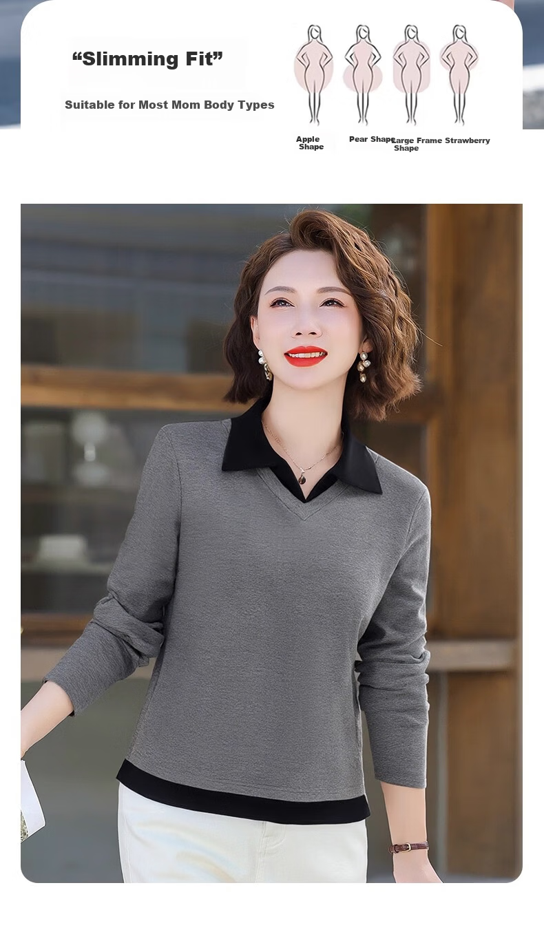Woodpecker Women's Autumn Polo Shirt with Lapel Long Sleeve, Fake Two-Piece, Plus Size, Maroon, M 2