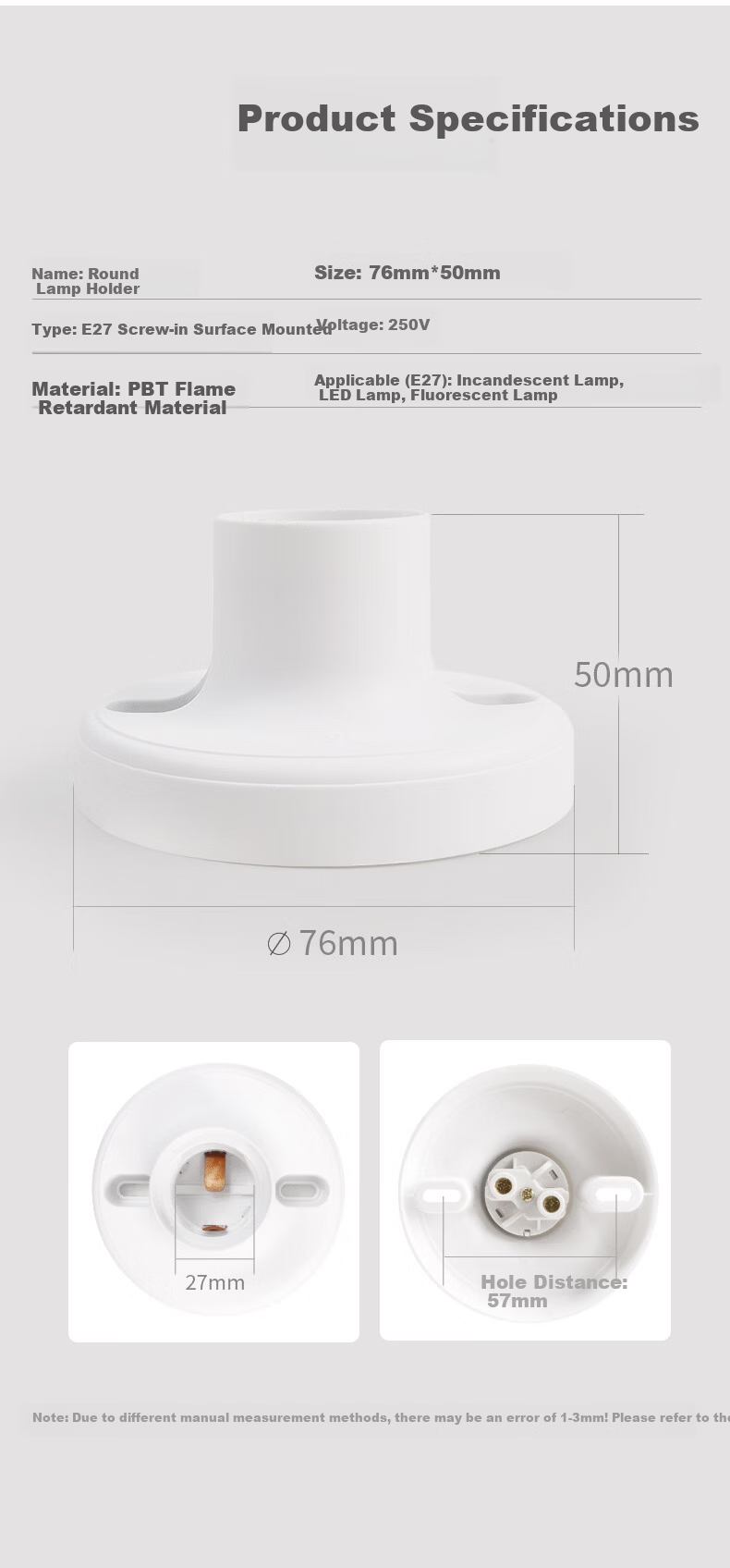 Foshan Lighting LED E27 Screw Base Universal Round Lamp Holder Factory Property Corridor Socket Wall Mounted Flat Lamp Holder Bulb Base 2-Pack 1
