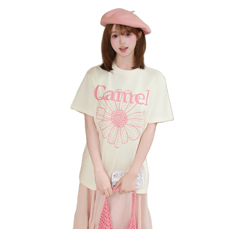 CAMEL Ice Skin T-Shirt Little Daisy Short Sleeve Cotton Loose Casual Top C36BAXLN023C Warm White L
