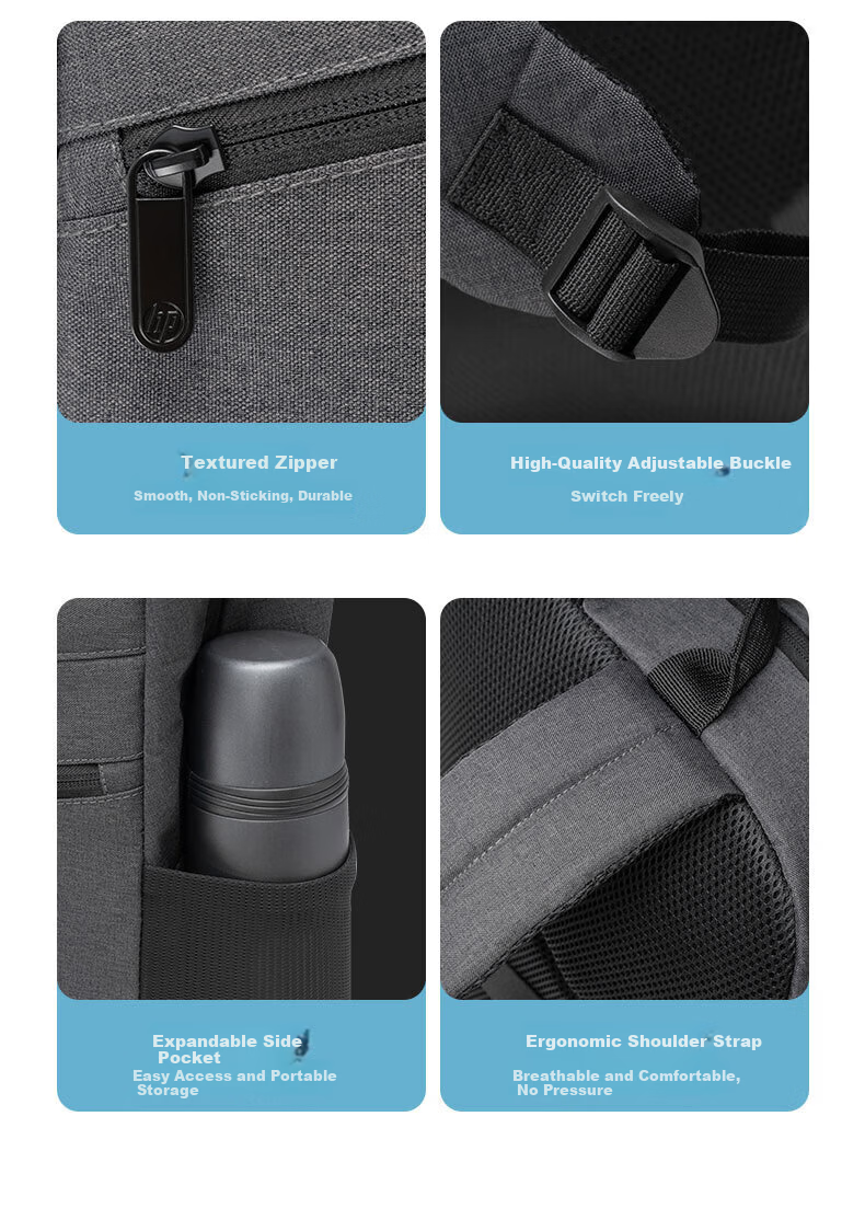 HP 16-inch Gray Backpack Water-Resistant Fabric Luggage Strap Shockproof Protective Large Capacity Durable Scratch-Resistant Minimalist Multi-Pocket Casual Backpack High Aesthetic 10