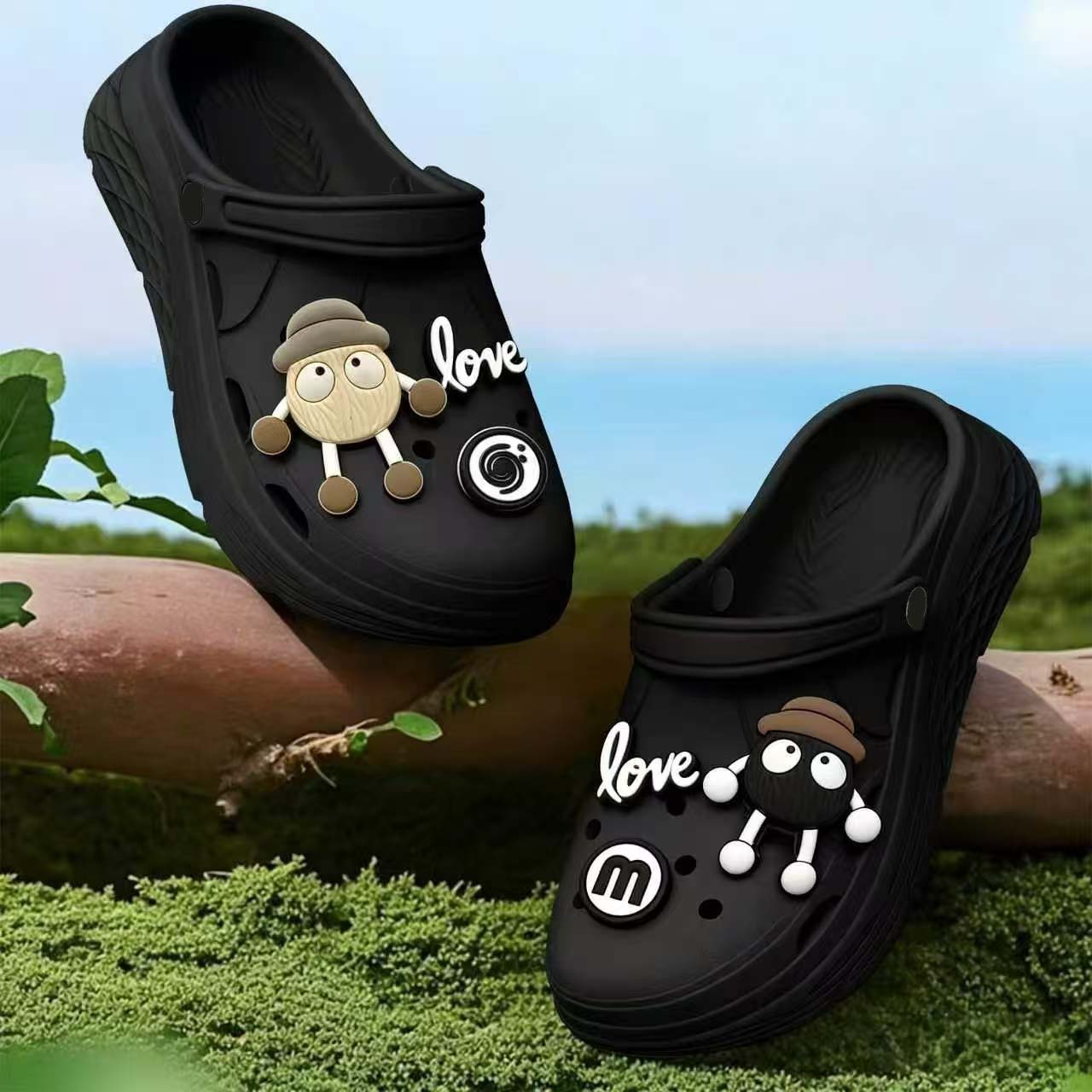 CXOCSI Women's Thick-Soled Ventilated Slip-On Summer Beach Cartoon Sandals Non-Slip Black Size 36-37 5