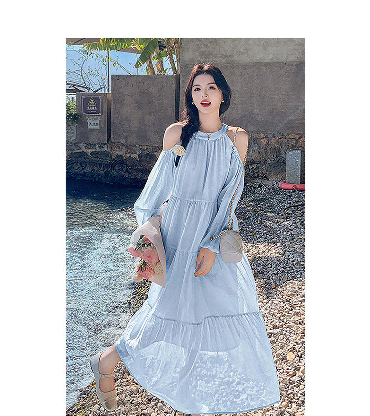 Mt Lightweight Holiday Series Spring Fresh Halter Neck Round Collar Off-Shoulder Lantern Sleeve Chiffon A-Line Women's Dress 9