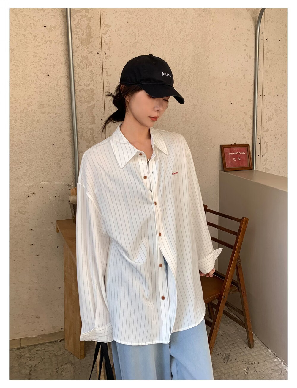 ICH MODE Solid Color Small Logo Letter Loose Physical Sun Protection Casual Versatile Lazy Women's Jacket Shirt Blue L 7