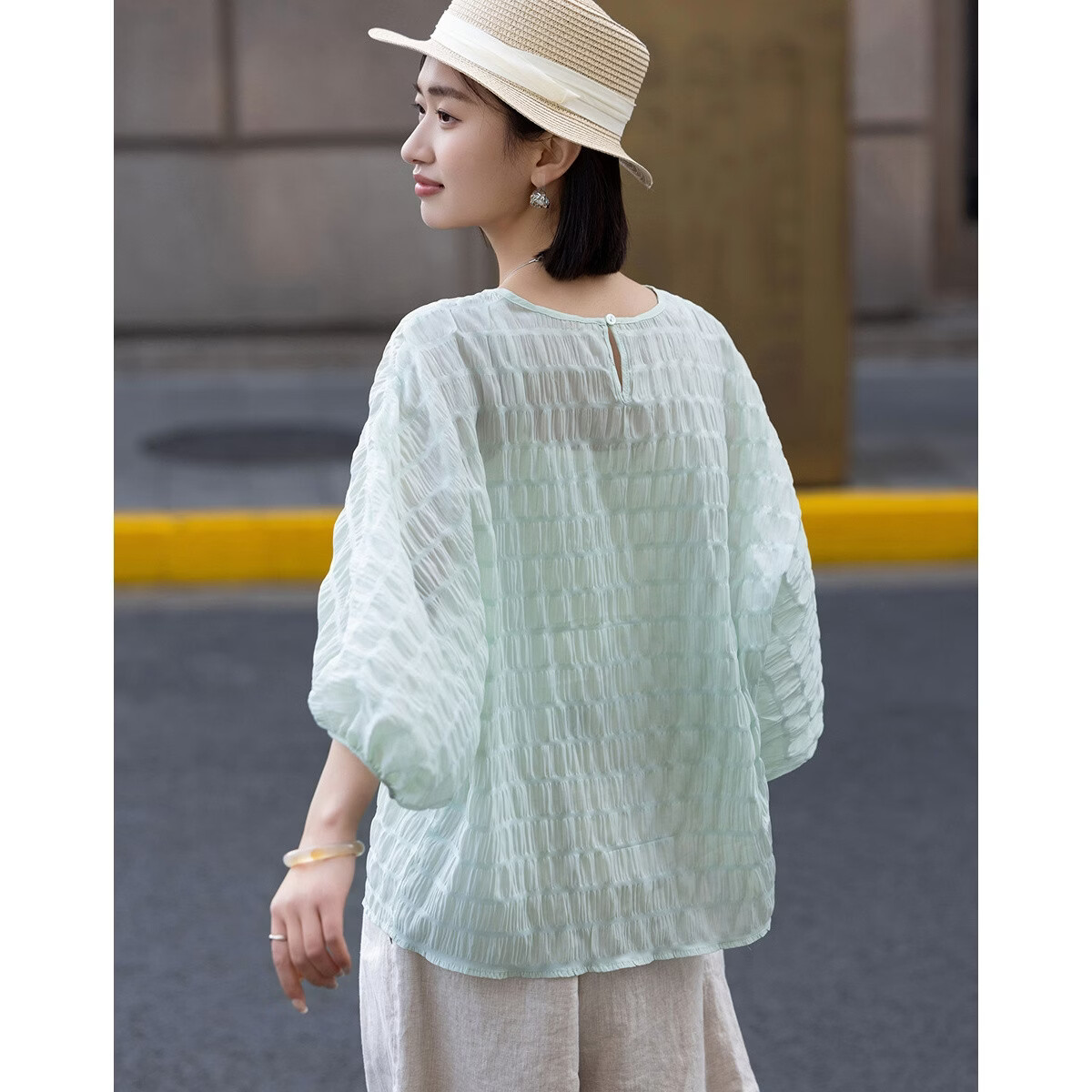 Demana "Ephemeral Dream" Summer Elegant Round Neck Raglan Batwing Sleeve Loose Slim Fit Petite Shirt for Women Premium Feel