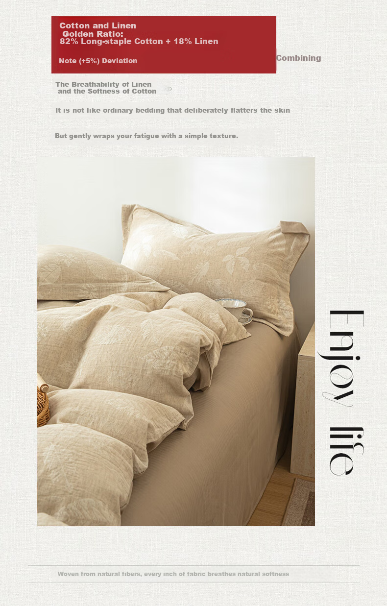 MUJI A-Class Pure Cotton Linen Four-Piece Set Natural Golden Ratio 1.5/1.8m Bed Linen Double Cotton Bedding Set Sheet Duvet Cover 200*230cm 5