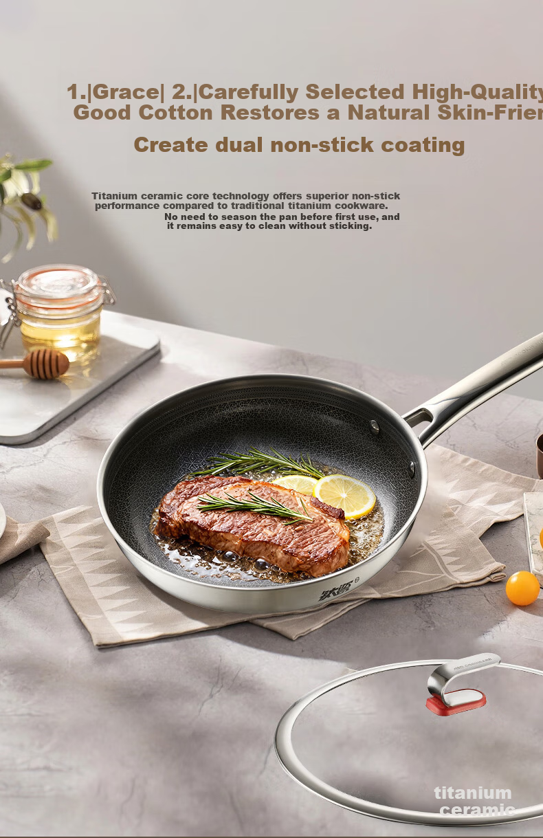 ASD Titanium Ceramic Honeycomb Stainless Steel Non-Stick Frying Pan, Fluorine-Free Coating, Egg and Steak Pan, Compatible with Induction Cookers, Model 28E6 5