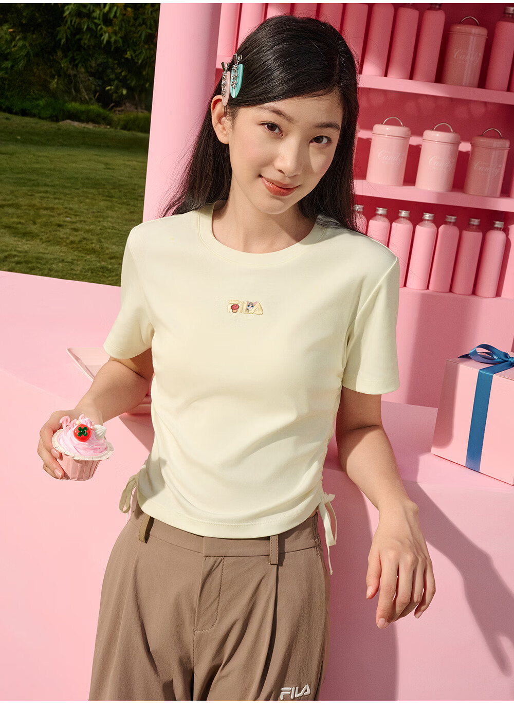 FILA Yang Mi Same Style Knitted Short Sleeve Shirt Women 2026 Summer Side Drawstring Fashion Casual Embroidered Logo Slim T-Shirt 26