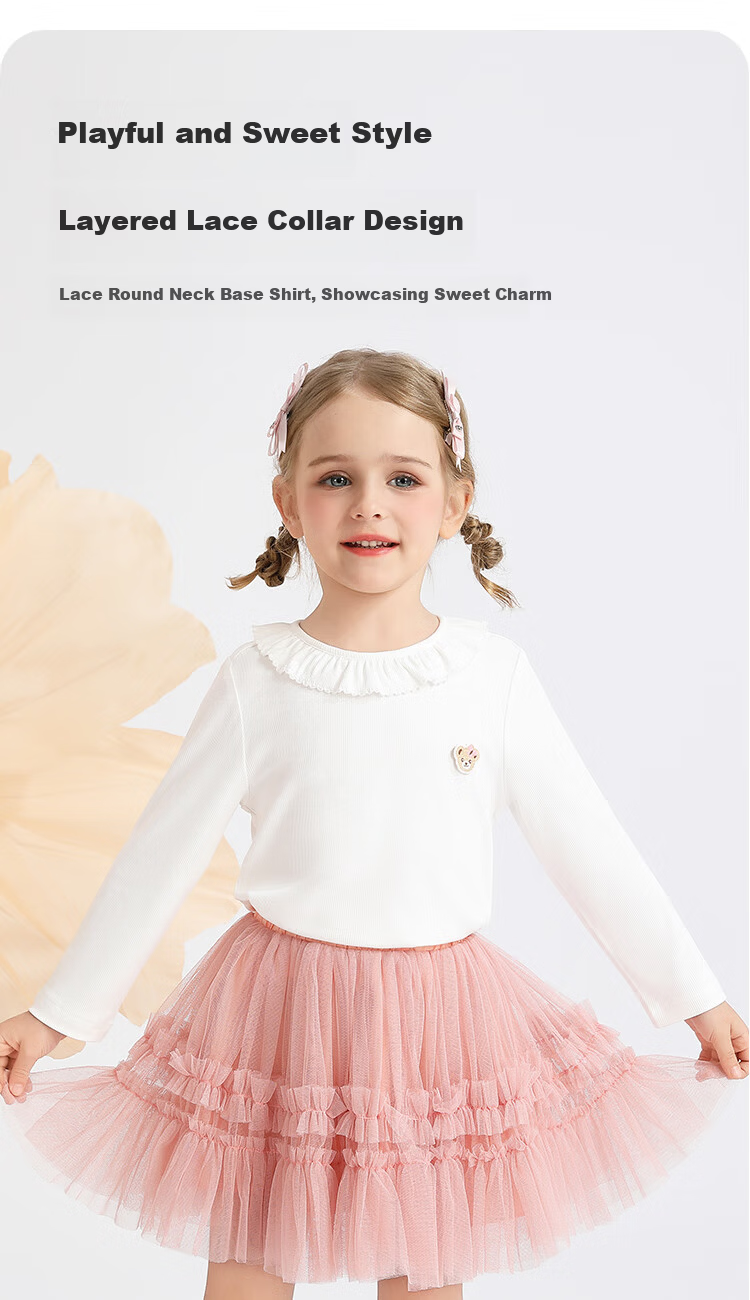Classic Teddy Girls' Long Sleeve T-Shirt with Lace Collar, White, Size 130 5