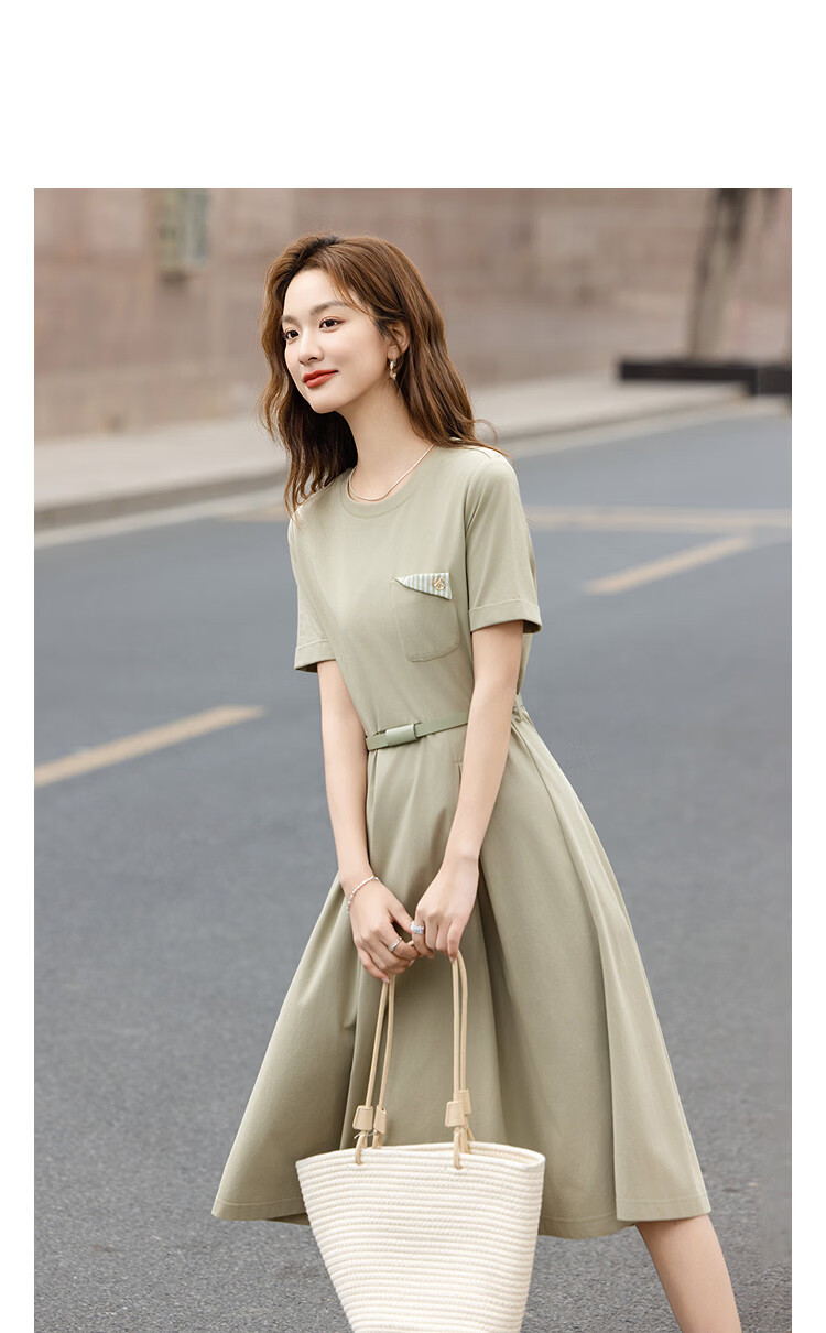 Demana Qingshuang Solona Summer Simple Round Neck Striped Patch Pocket Waist Slimming Dress for Women Premium Feel 14