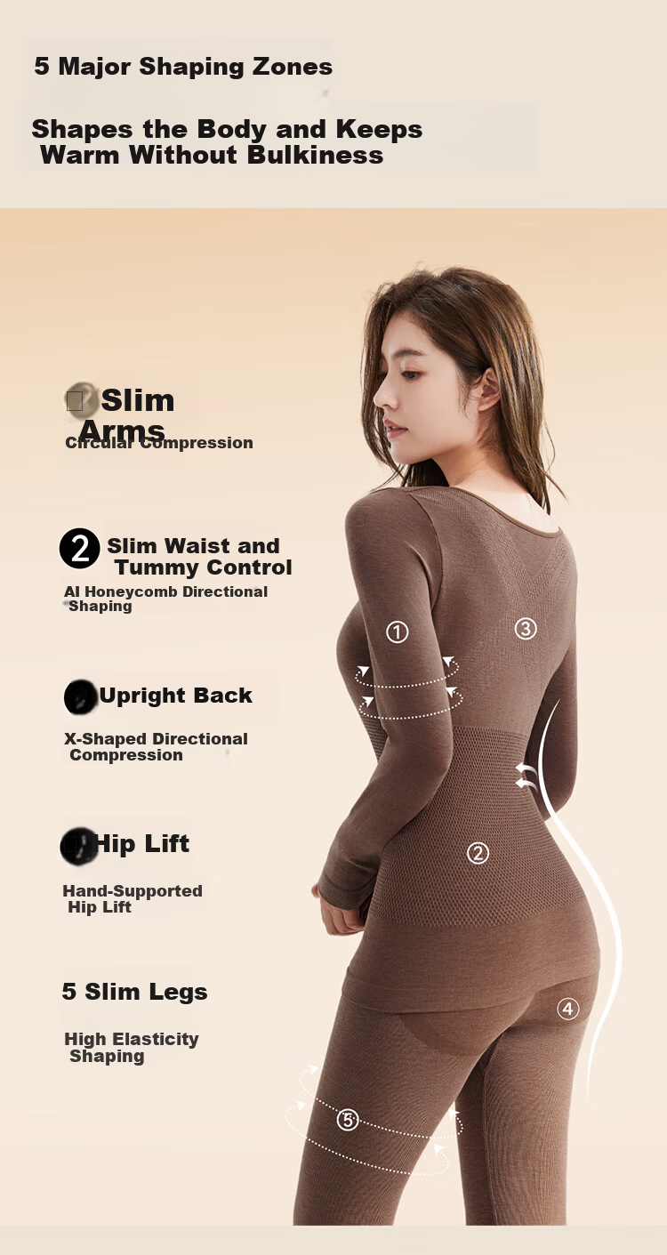MiiOW Women's Thermal Underwear Set Seamless Slim Wool Heat Retaining Autumn Winter Body Shaping Top and Bottom 5