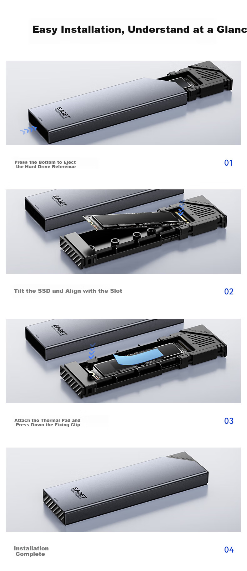 Eaget M.2 NVMe Single Protocol 10Gbps SSD Enclosure Type-C USB 3.2 External Hard Drive Case for Laptop Apple 15 External SSD Enclosure 11