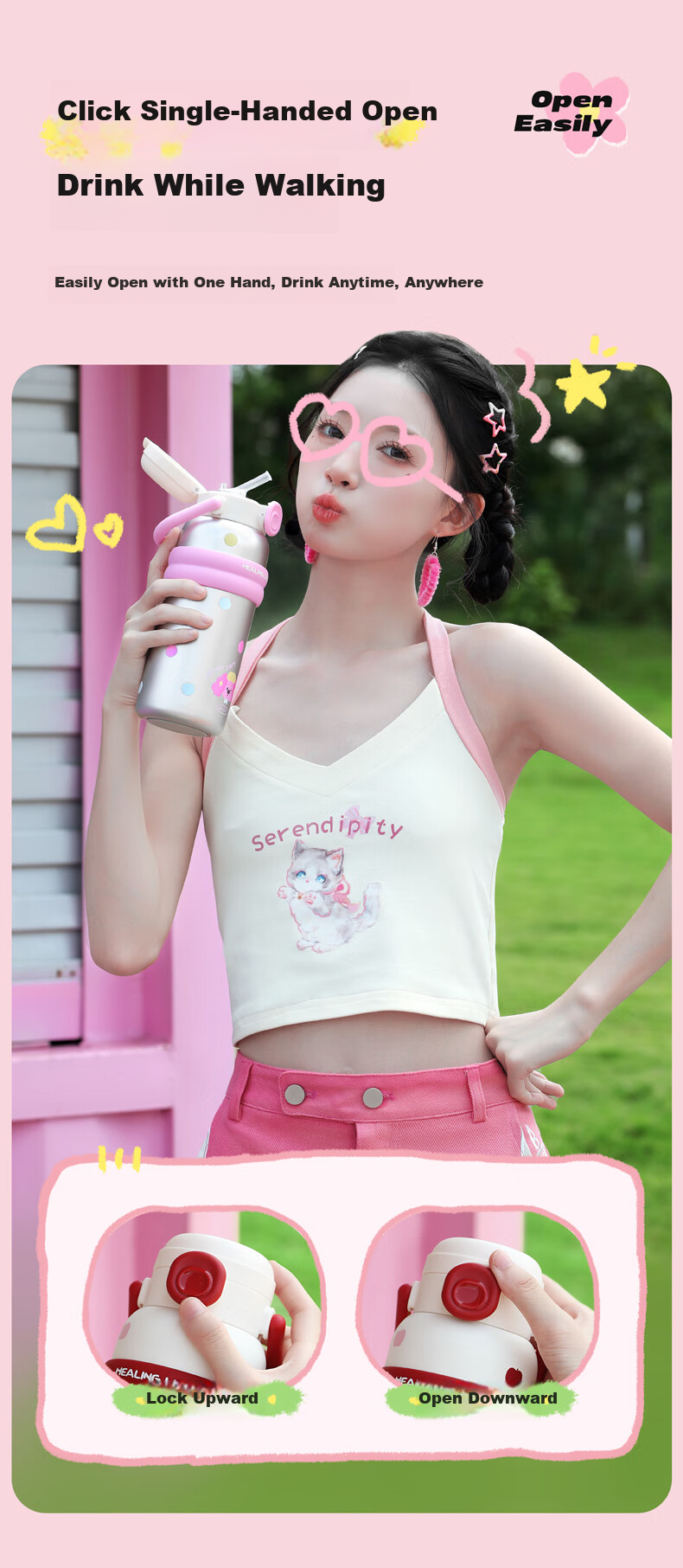 RELEA Insulated Bottle for Women Large Capacity 316L Stainless Steel Water Cup Kids Straw Cup Student Water Bottle Birthday Gift 17