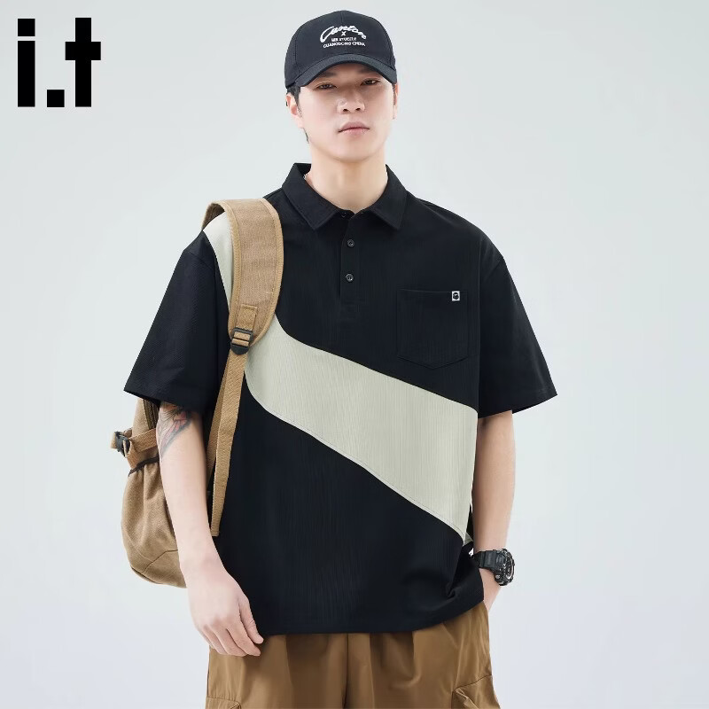 Fingercroxx American Style Patchwork Short Sleeve Polo Shirt Men Summer Loose Fit Casual Lapel Top Black M